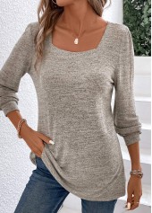 Ruched Light Camel Long Sleeve Square Neck T Shirt