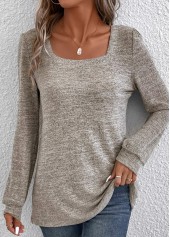 Ruched Light Camel Long Sleeve Square Neck T Shirt