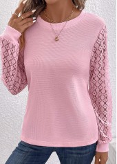 Lace Round Neck Long Sleeve Pink T Shirt