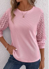 Lace Round Neck Long Sleeve Pink T Shirt