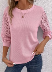 Lace Round Neck Long Sleeve Pink T Shirt