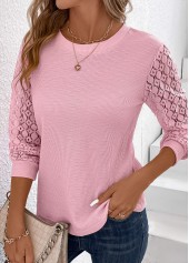 Lace Round Neck Long Sleeve Pink T Shirt