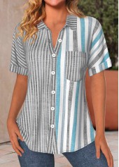 Plus Size Light Grey Button Striped Blouse