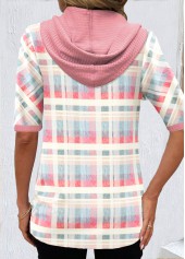 Plaid Button Light Pink Hooded T Shirt