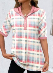 Plaid Button Light Pink Hooded T Shirt