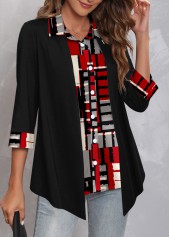 Geometric Print Fake 2in1 Black Shirt Collar Blouse