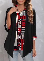 Geometric Print Fake 2in1 Black Shirt Collar Blouse