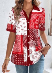 Short Sleeve Patchwork Red Shirt Collar Blouse