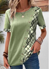 Plaid Asymmetry Sage Green Scoop Neck Blouse