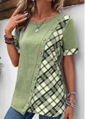 Plaid Asymmetry Sage Green Scoop Neck Blouse