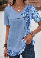 Dusty Blue Asymmetrical Neck Sequin Blouse