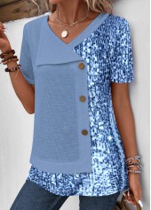 Dusty Blue Asymmetrical Neck Sequin Blouse