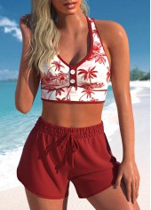 Deep Red High Waisted Tropical Plants Print Bikini Set