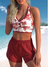 Deep Red High Waisted Tropical Plants Print Bikini Set