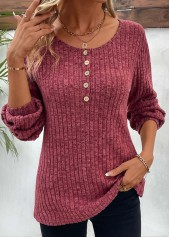Button Dark Reddish Purple Round Neck T Shirt
