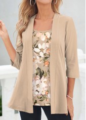 Floral Print Light Coffee Fake Two Piece Twinset
