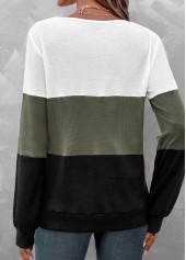 Long Sleeve Patchwork Olive Green V Neck Sweatshirt