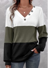Long Sleeve Patchwork Olive Green V Neck Sweatshirt