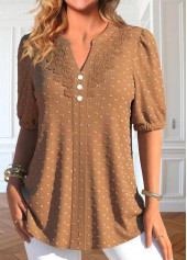 Dark Camel Split Neck Short Sleeve Lace Blouse