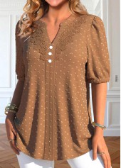 Dark Camel Split Neck Short Sleeve Lace Blouse