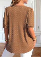 Dark Camel Split Neck Short Sleeve Lace Blouse