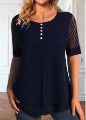 Fake 2in1 Round Neck Short Sleeve Navy Blouse