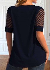Fake 2in1 Round Neck Short Sleeve Navy Blouse