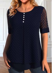 Fake 2in1 Round Neck Short Sleeve Navy Blouse
