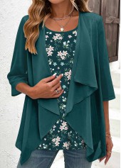 Floral Print Fake 2in1 Blackish Green Blouse