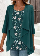 Floral Print Fake 2in1 Blackish Green Blouse