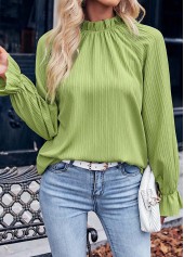 Avocado Green Stand Collar Long Sleeve Ruched Blouse