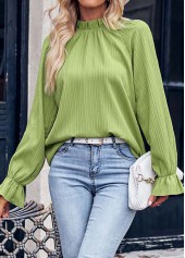 Avocado Green Stand Collar Long Sleeve Ruched Blouse