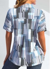 Geometric Print Pocket Light Blue Shirt Collar Blouse