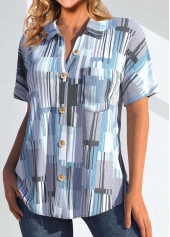 Geometric Print Pocket Light Blue Shirt Collar Blouse