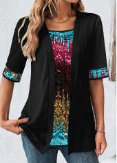 Black Short Sleeve Square Neck Fake Two Piece Twinset