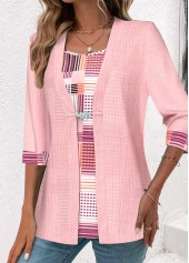 Geometric Print Pink 3/4 Sleeve Fake Two Piece Twinset