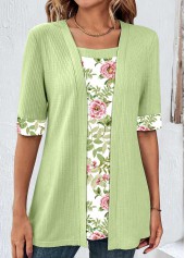 Floral Print Patchwork Avocado Green Fake Two Piece Twinset