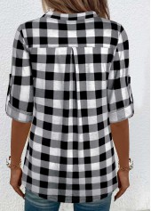 Plaid Button Black Split Neck Blouse