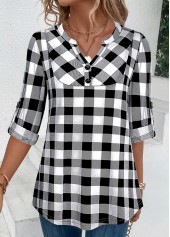 Plaid Button Black Split Neck Blouse