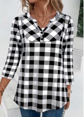 Plaid Button Black Split Neck Blouse