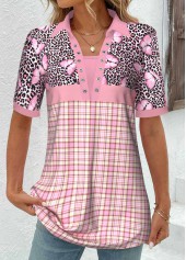 Plaid Patchwork Light Pink Shirt Collar Blouse