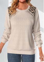 Leopard Patchwork Light Camel Round Neck Sweatshirt