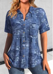 Denim Blue Pocket Shirt Collar Short Sleeve Blouse