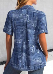 Denim Blue Pocket Shirt Collar Short Sleeve Blouse