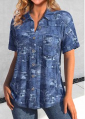 Denim Blue Pocket Shirt Collar Short Sleeve Blouse