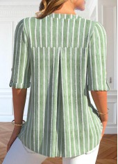 Striped Button Light Green Split Neck Blouse