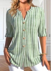 Striped Button Light Green Split Neck Blouse