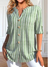 Striped Button Light Green Split Neck Blouse