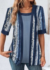 Geometric Print Fake 2in1 Navy T Shirt