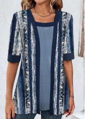 Geometric Print Fake 2in1 Navy T Shirt